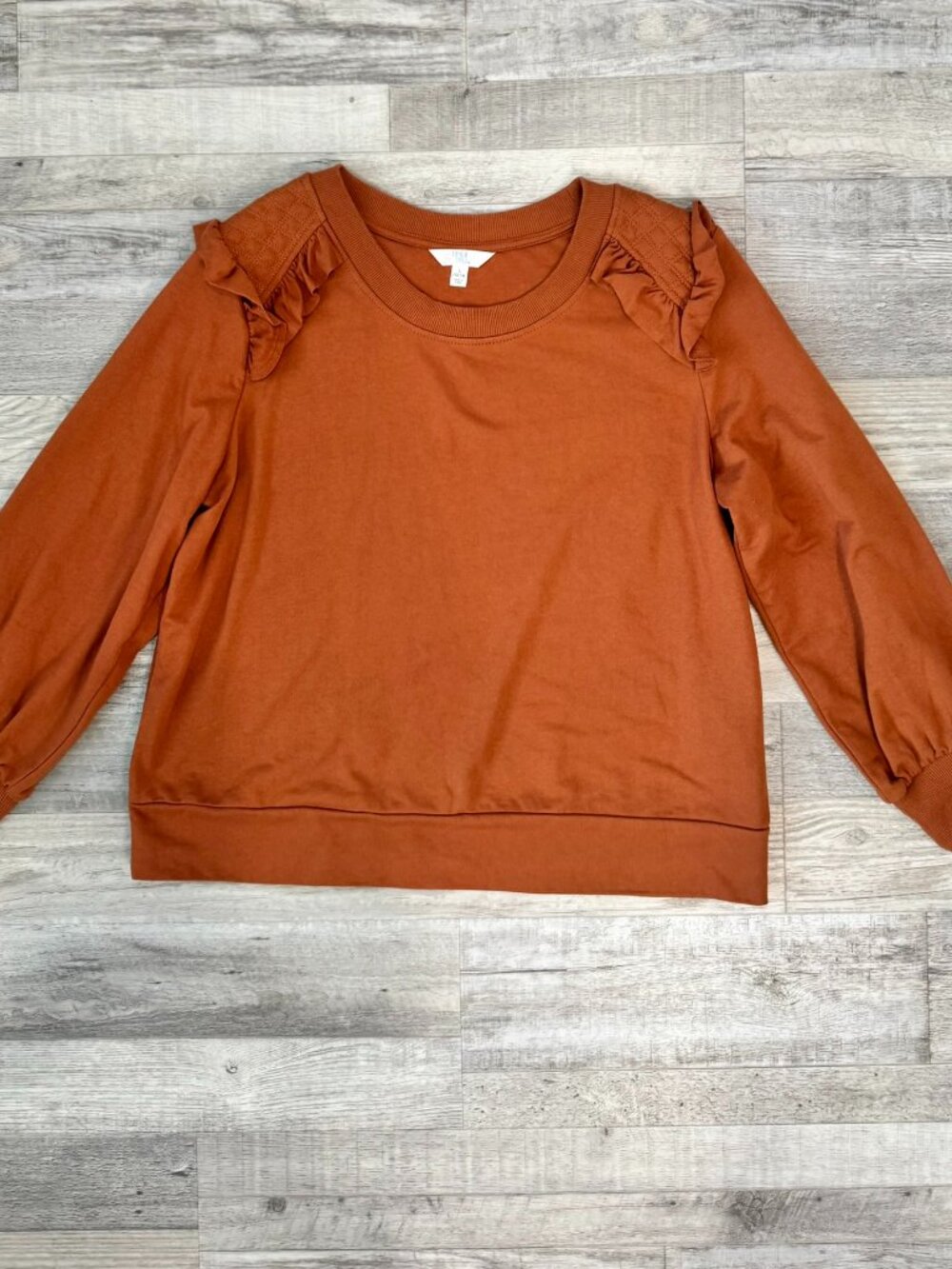 Time & Tru Terra Cotta Ruffle Sleeve Pullover Sweatshirt Size Large L16